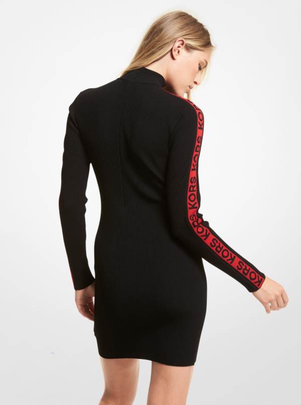 Damske Saty Michael Kors Logo Tape Ribbed Stretch Viscose Turtleneck Sweater Čierne - Oblecenie Michael Kors Outlet | HRDUN-7152
